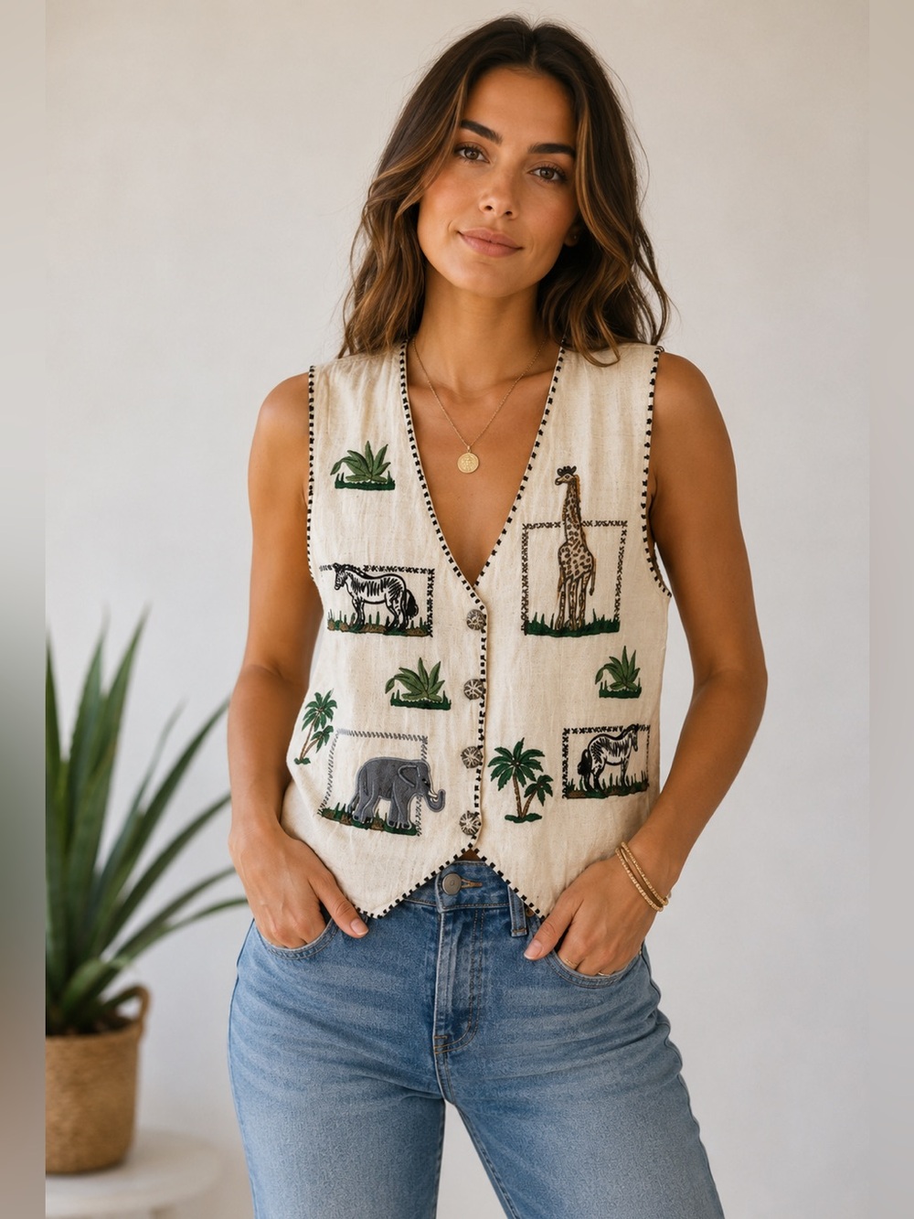 New Directions Safari Embroidered Vest Womens Medium Cream Linen Blend Vintage